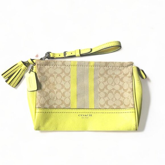 Coach Handbags - VINTAGE - Coach Khaki Citrine Yellow Signature Stripe Large Wristlet Clutch